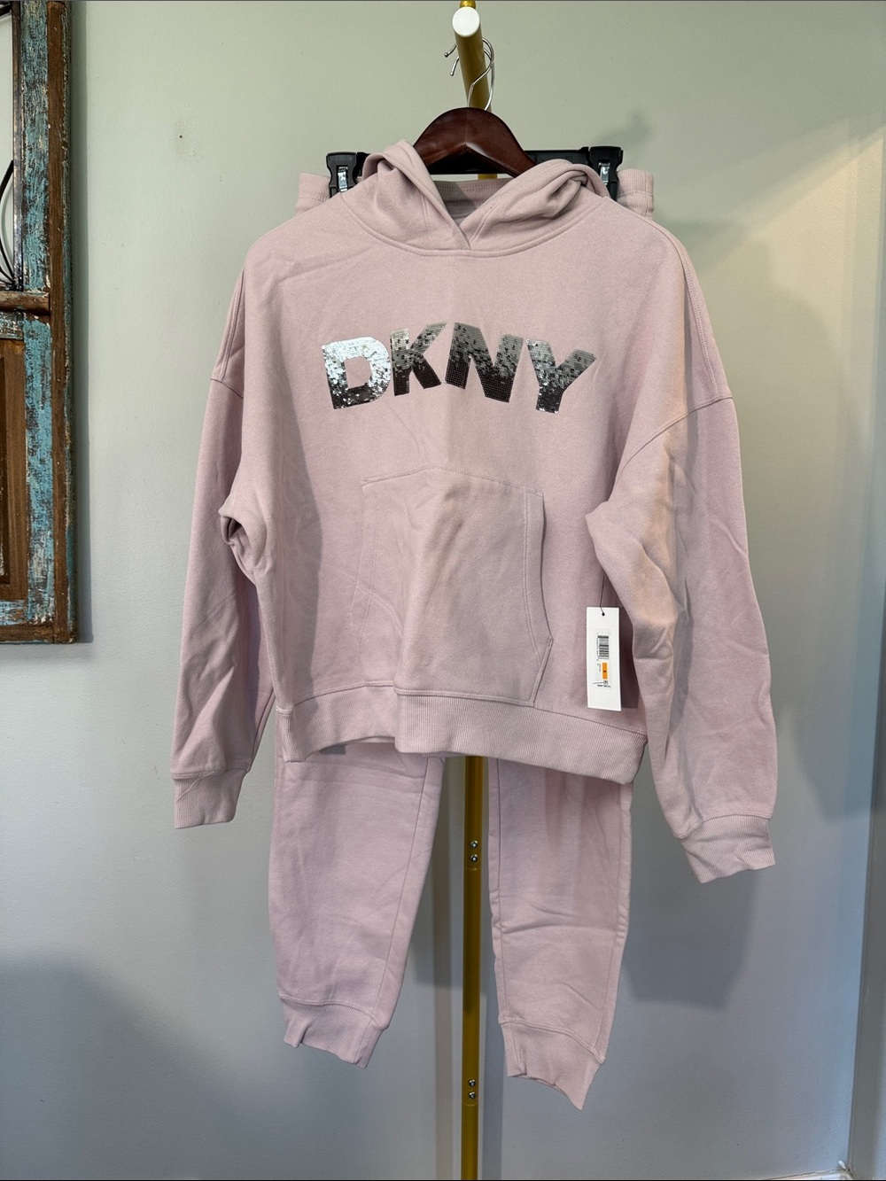 DKNY Light Pink oversized Sequin Logo Hoodie & Joggers Set NWT S/M